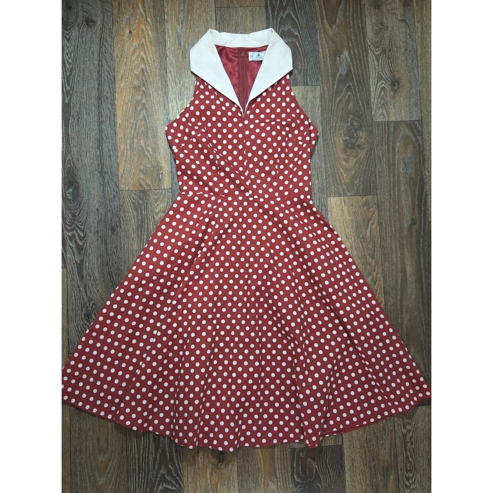 Zapaka Red Polka Dot Vintage Style Swing Dress White Collar Halter XS